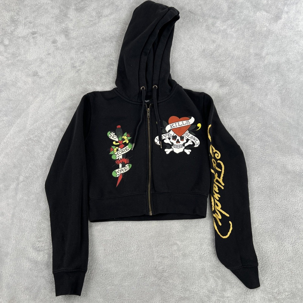 Ed Hardy Graphic Cropped Zip Hoodie M Black Teen Y2K Tattoo Love Kills Slowly